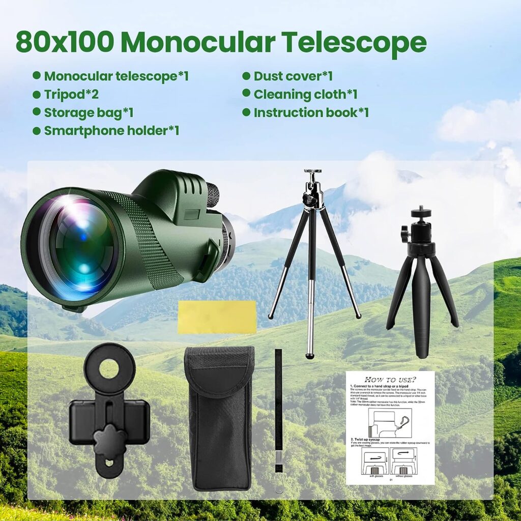 80x100 Monocular Telescope, Monoculars for Adults High Powered, Monocular Telescope for Smartphone, Monoculars for Adults Hunting Wildlife Bird Watching Travel Hiking Camping