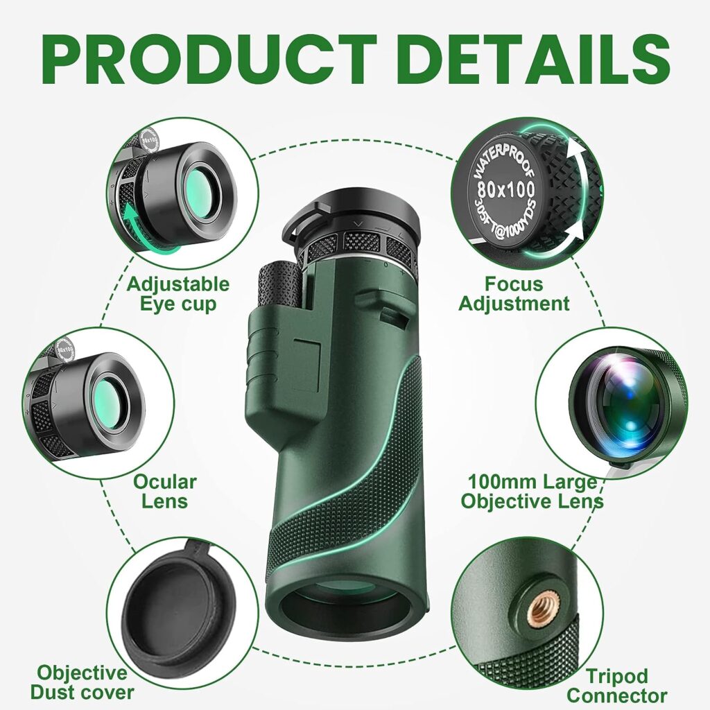 80x100 Monocular Telescope, Monoculars for Adults High Powered, Monocular Telescope for Smartphone, Monoculars for Adults Hunting Wildlife Bird Watching Travel Hiking Camping