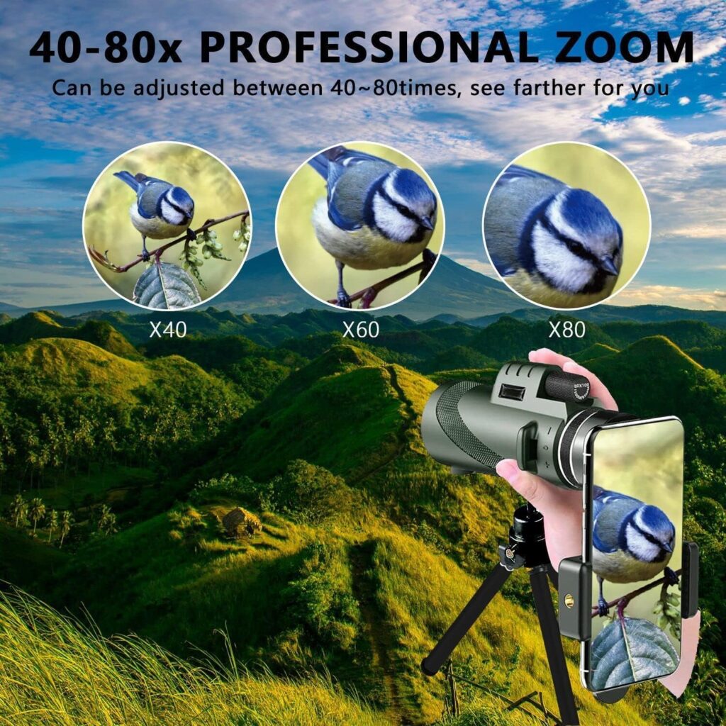 80x100 Monocular-Telescope Monoculars for Adults High Powered with Smartphone Adapter Telescope Hunting Wildlife Bird Watching Travel Camping Hiking