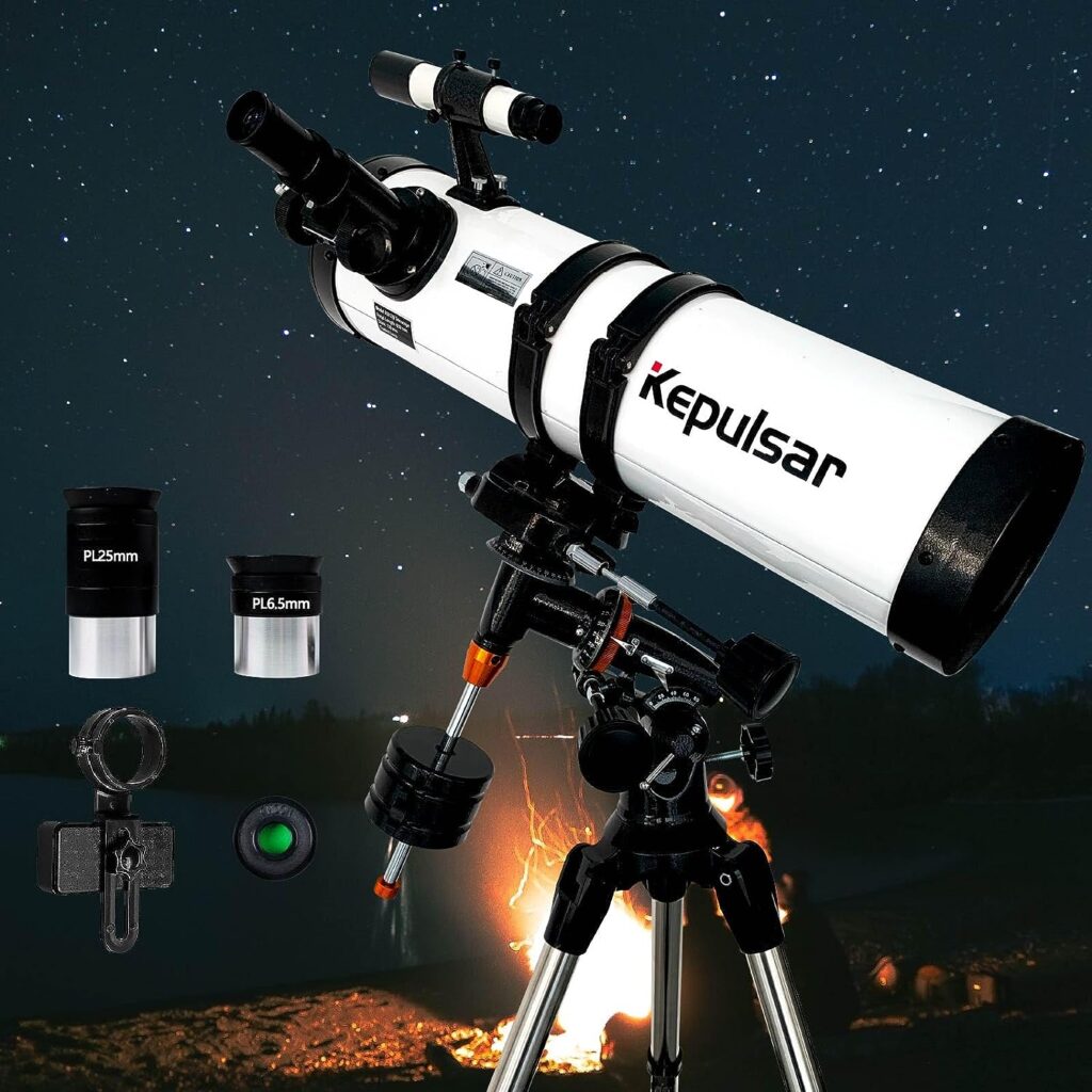 ESSENWI 130mm Equatorial Reflector Telescope for Astronomy Enthusiasts - Includes 2 Plossl Eyepieces, Moon Filter, Fully-Coated Glass Optics, Adjustable Mount, and Tripod - Ideal for Beginners