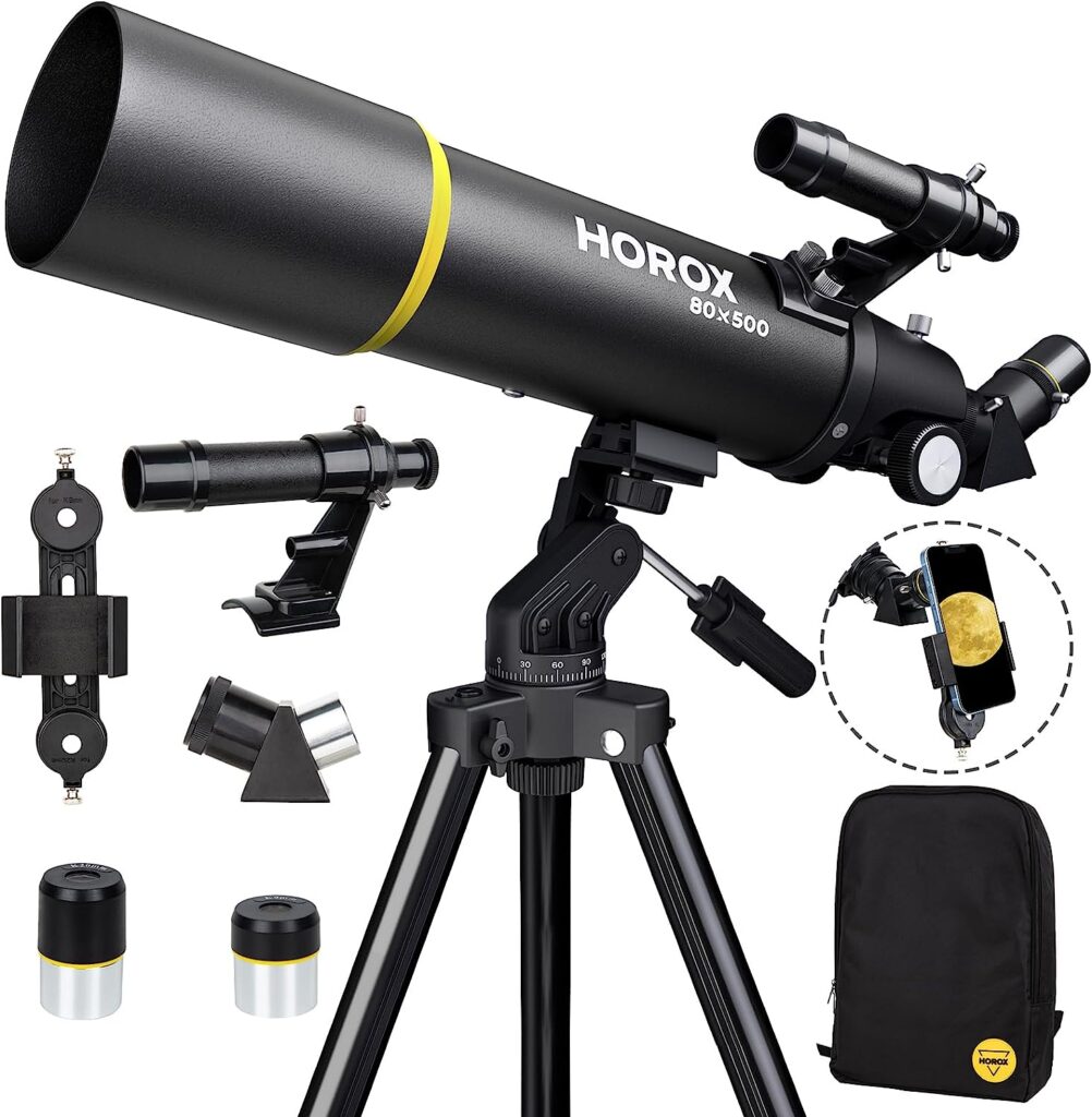 HOROX Telescope 80mm Aperture 500mm Refractor Telescope for Adults, Telescope for Kids Beginners w. Pro Tripod  Phone Adapter, Portable Telescopes Backpack