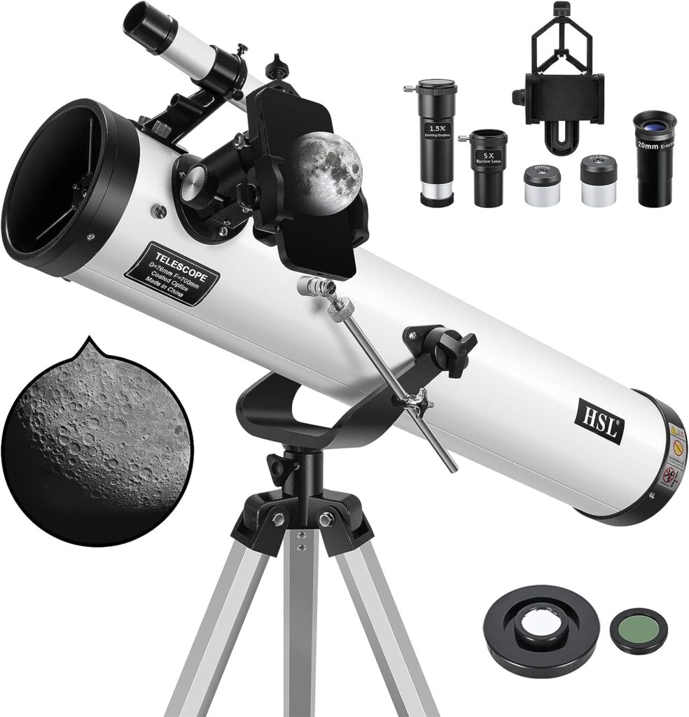 HSL Reflector Telescope,76mm Aperture 700mm Focal Length Astronomy Reflector Telescopes (35X-875X) for Adults and Kids-with 3 Eyepieces,5X Barlow Lens,Moon Filter and Smartphone Adapter