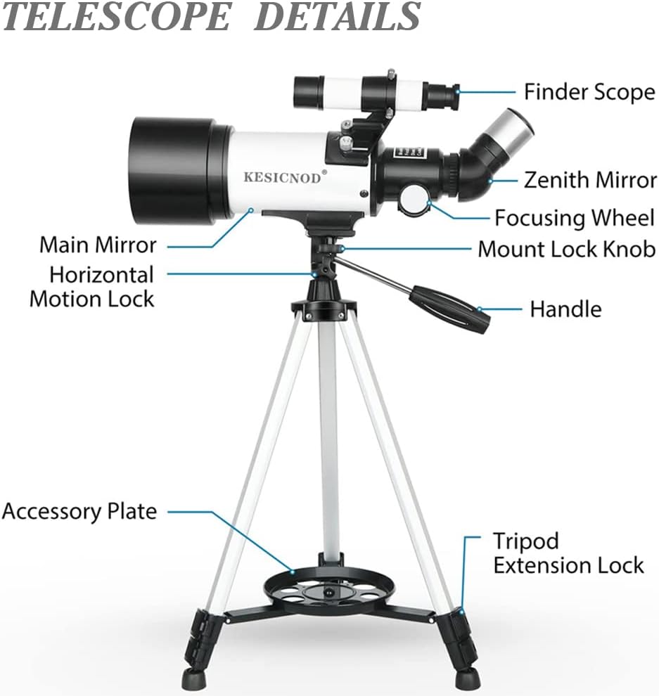 KESICNOD Telescope for Adults  Kids, 70mm Aperture 400mm Focal Length Refractor Telescope for Adults Astronomy  Kids Beginners - Travel Telescopes with Carry Bag and Adapter
