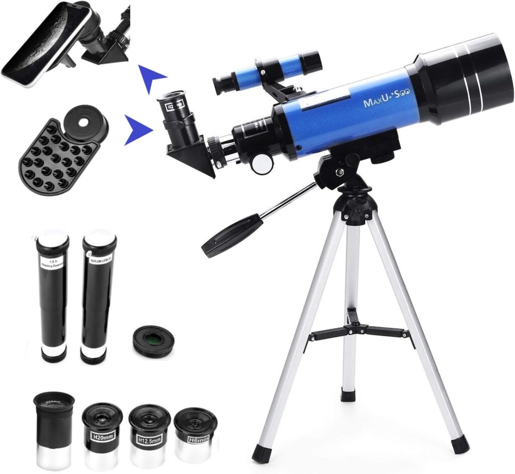 MaxUSee 70mm Telescope for Kids  Astronomy Beginners, Refractor Telescope with Tripod  Finder Scope, Portable Telescope with 4 Magnification eyepieces  Phone Adapter