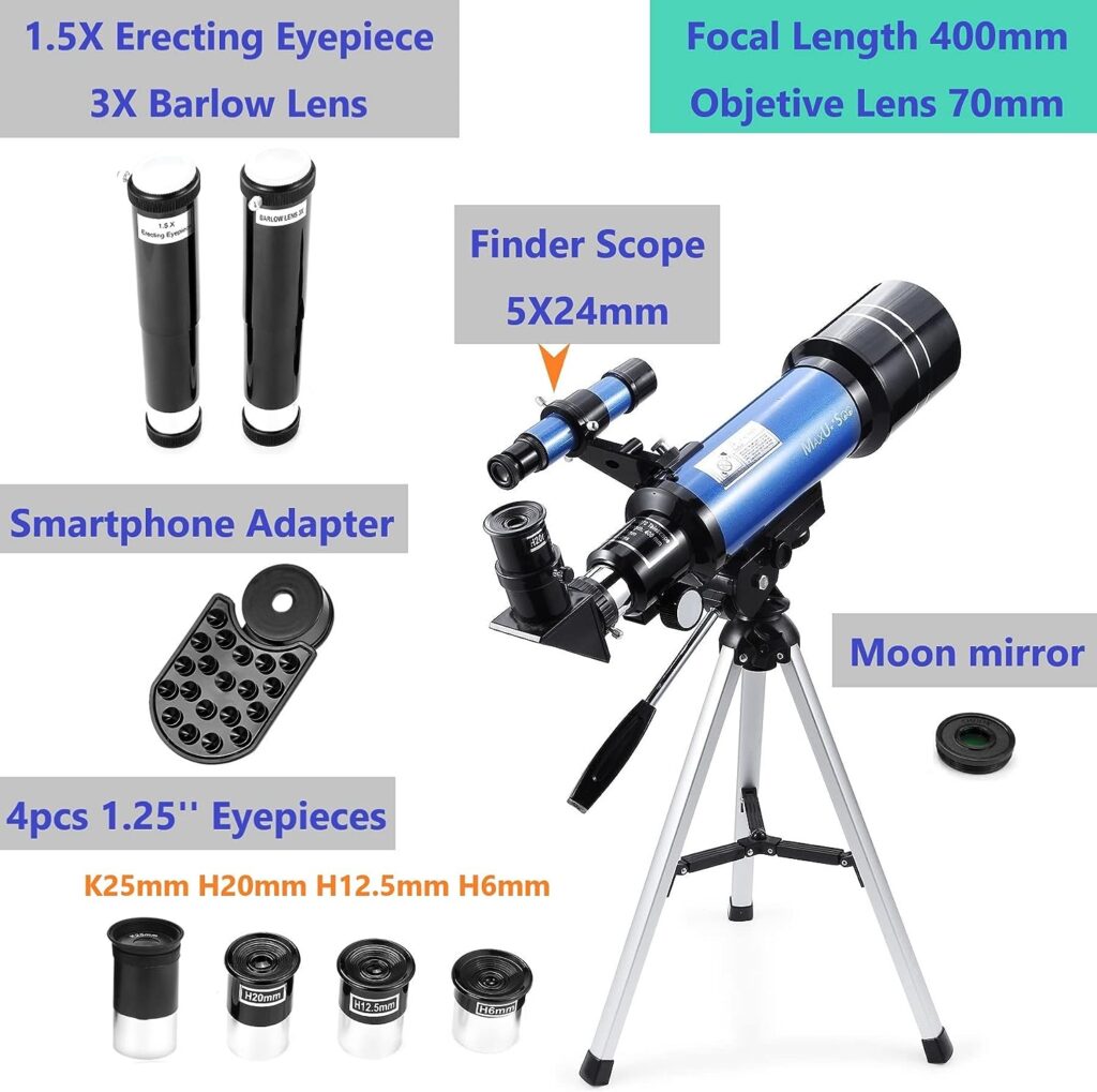 MaxUSee 70mm Telescope for Kids  Astronomy Beginners, Refractor Telescope with Tripod  Finder Scope, Portable Telescope with 4 Magnification eyepieces  Phone Adapter