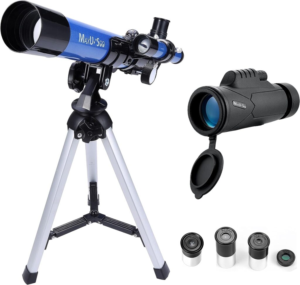 MaxUSee Kids Telescope 400x40mm with Finder Scope for Kids  Beginners + Portable 10X42 HD Monocular with BAK4 Prism FMC Lens for Moon Viewing Bird Watching Wildlife Scenery