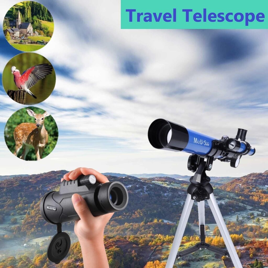 MaxUSee Kids Telescope 400x40mm with Finder Scope for Kids  Beginners + Portable 10X42 HD Monocular with BAK4 Prism FMC Lens for Moon Viewing Bird Watching Wildlife Scenery