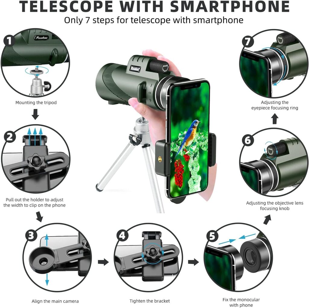 Pankoo 40X60 Monocular Telescope High Power Monocular for Adults with Phone Adapter Tripod Hand Strap Low Night Vision Monocular Equipped with BAK4 Prism for Bird Watching Hunting Traveling Concert