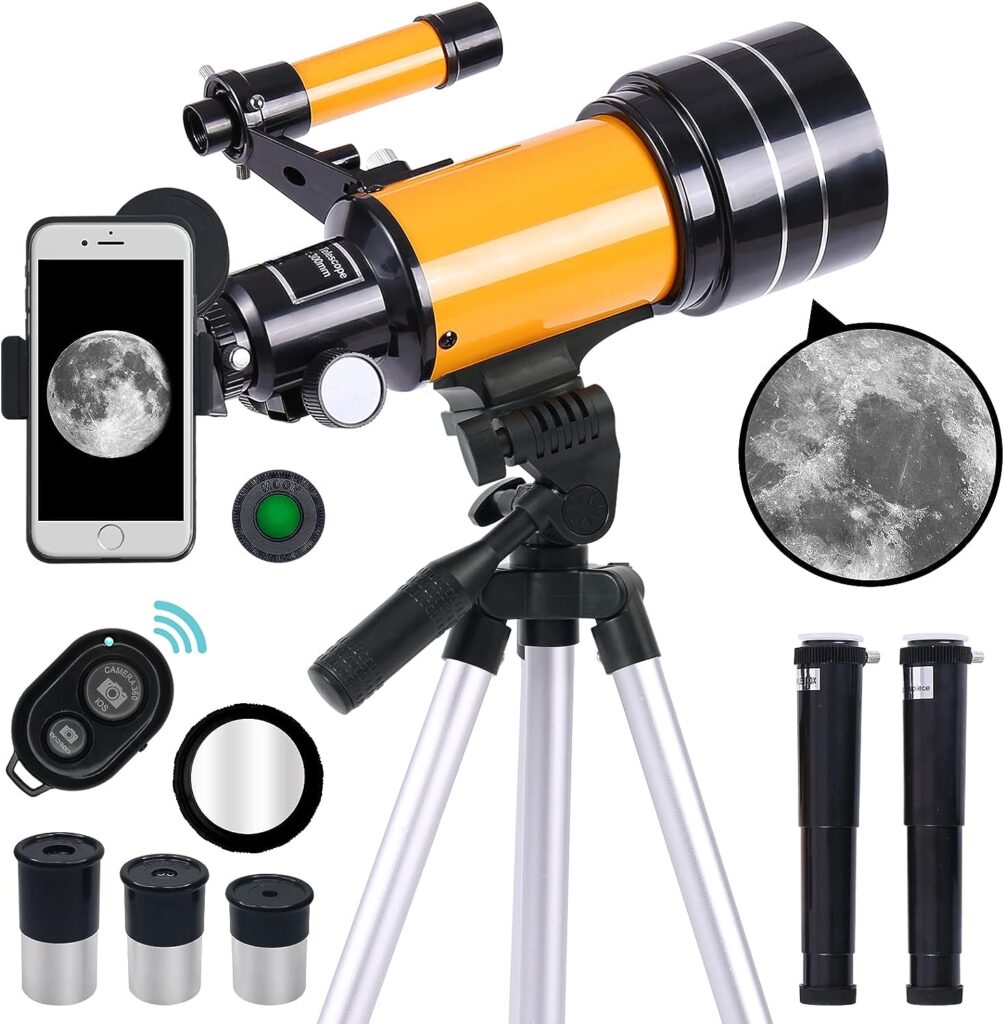 Telescope for Adults  Kids, 300mm Focal Length Refractor Telescope, 70mm Aperture Professional Astronomy Refractor Telescope for Beginners, Phone Adapter  Wireless Remote（Orange,Blue,White） (Orange)