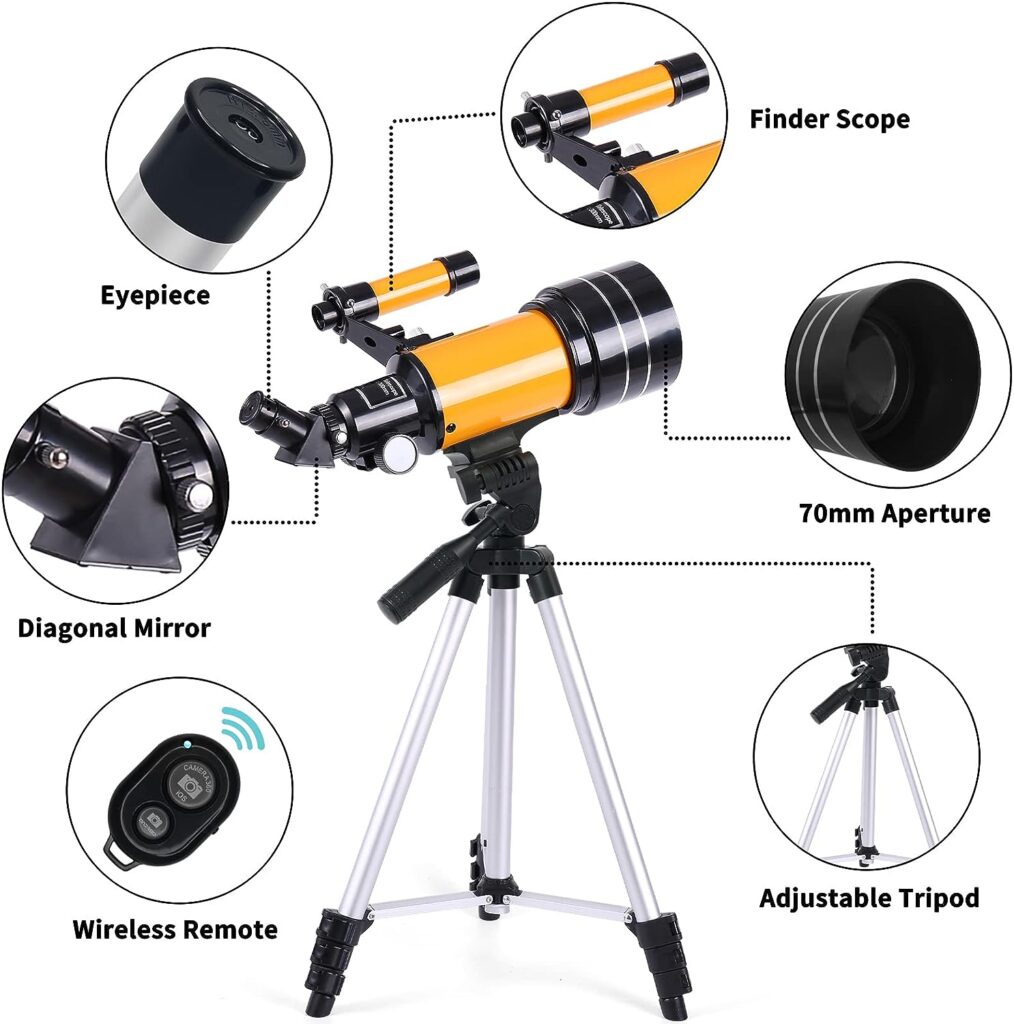 Telescope for Adults  Kids, 300mm Focal Length Refractor Telescope, 70mm Aperture Professional Astronomy Refractor Telescope for Beginners, Phone Adapter  Wireless Remote（Orange,Blue,White） (Orange)