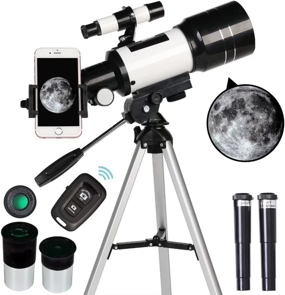 Telescope for Adults  Kids, 70mm Aperture Refractor Telescopes (15X-150X) for Astronomy Beginners, Portable Travel Telescope with Phone Adapter  Wireless Remote, Astronomy Gifts for Kids
