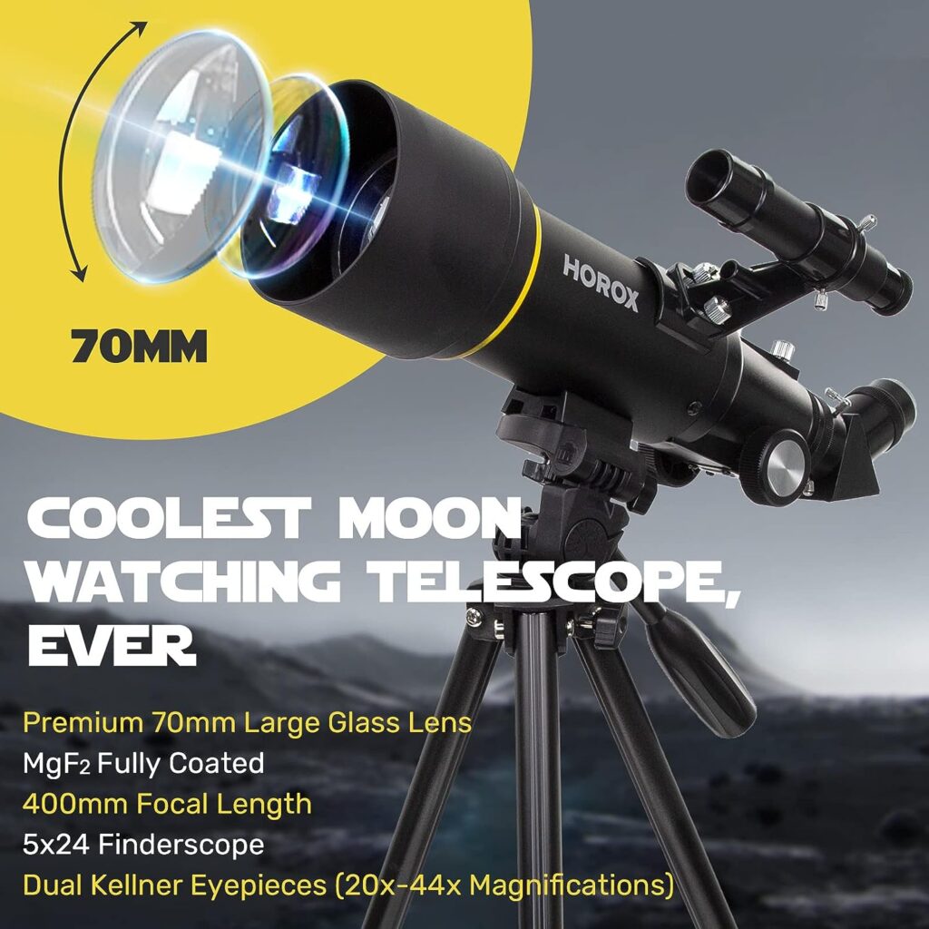 Telescope, HOROX 70mm Aperture 400mm Refractor Telescope for Astronomy Beginners, Fully Multi Coated Optics w. Pro Tripod  Phone Adapter, Portable Telescopes Backpack,Cool Tech Gift