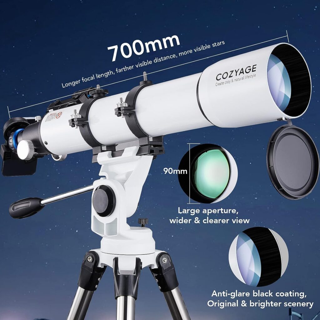 Telescopes for Adults Astronomy, COZYAGE Telescope, 700x90mm AZ Astronomical Refractor Telescope,Telescope for Beginners and Kids (White)