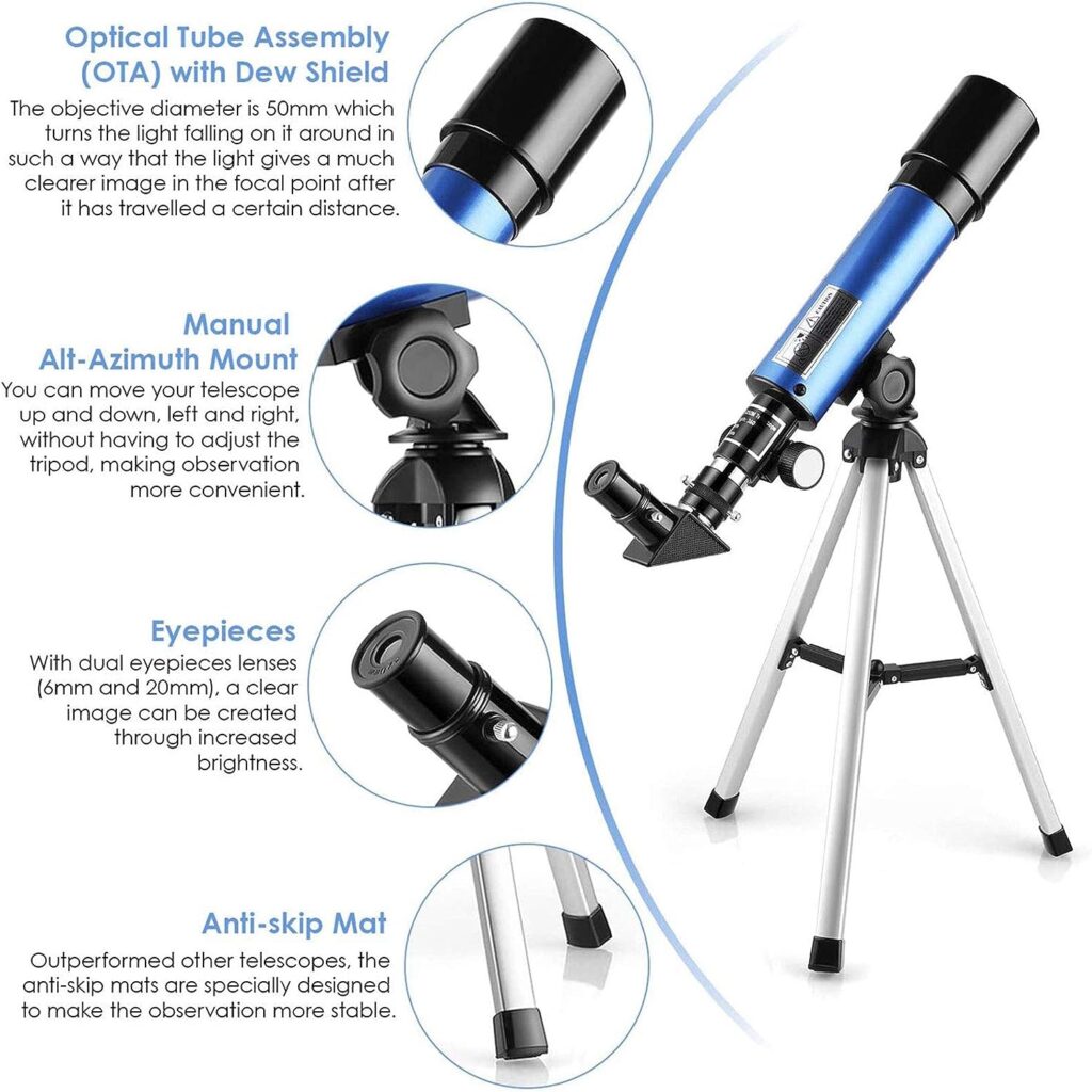 Timisea Telescope for Kids  Beginners, Portable Refractor Telescope 90x Magnification with Tabletop Tripod and Two Eyepieces, Best Gift for Kids to Explore Moon Space, View Wildlife, Watch Night-Sky