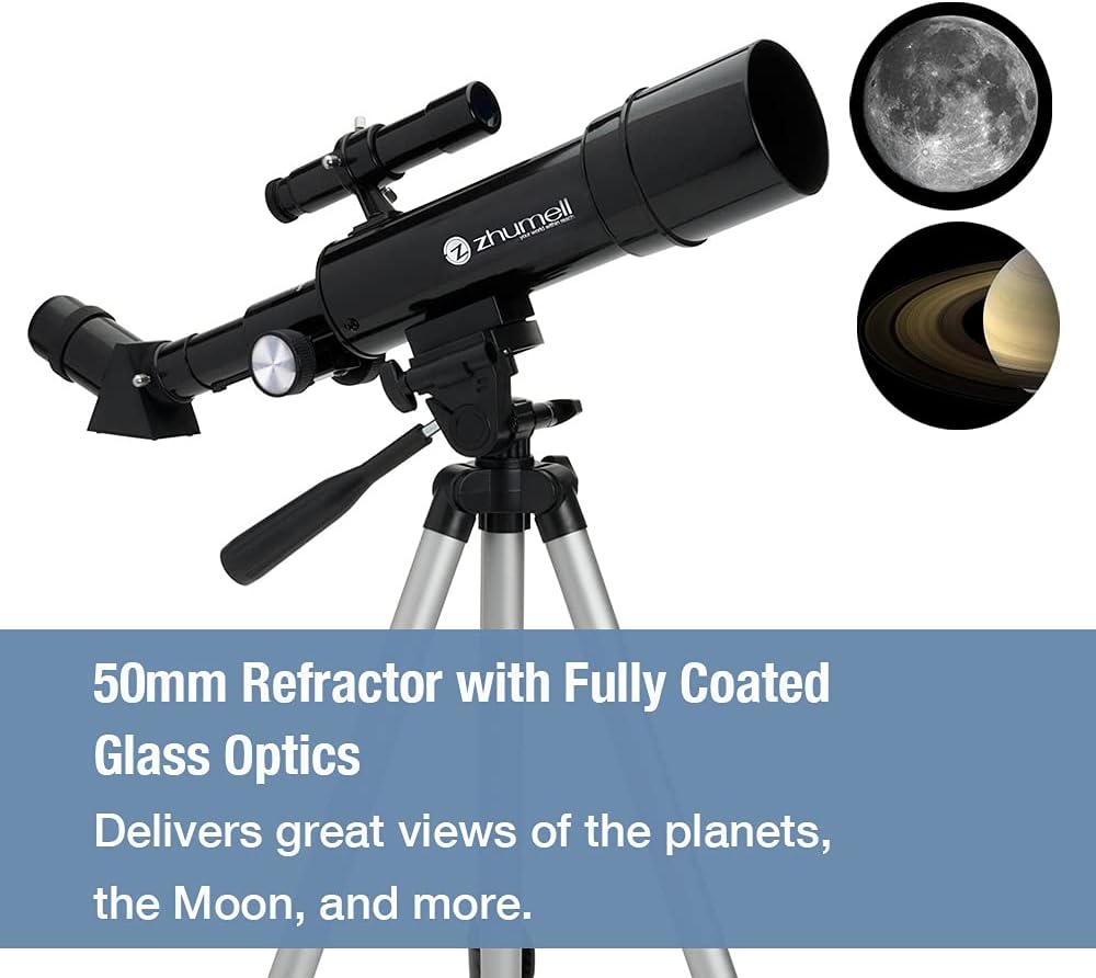 Zhumell - 50mm Portable Refractor Telescope - Coated Glass Optics - Ideal Telescope for Beginners - Digiscoping Smartphone Adapter