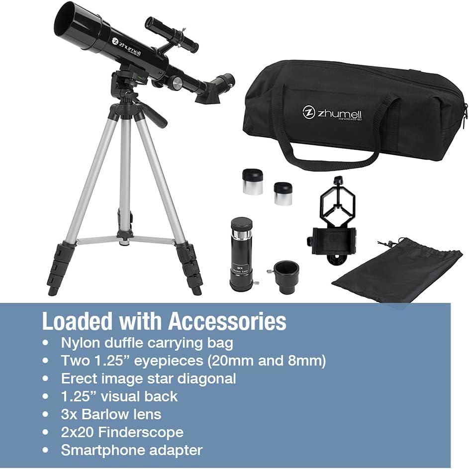 Zhumell - 50mm Portable Refractor Telescope - Coated Glass Optics - Ideal Telescope for Beginners - Digiscoping Smartphone Adapter